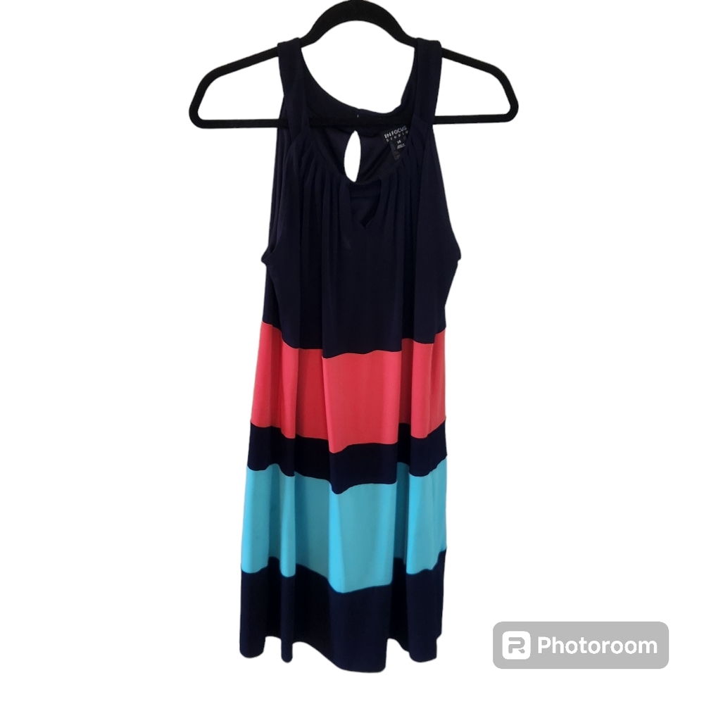 Enfocus Studio blue and dark pink/orange sleeveless dress.  Size 14.